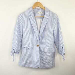 LOGG Womens Blue Striped Seersucker Blazer Jacket Suit Size 2 Career Office